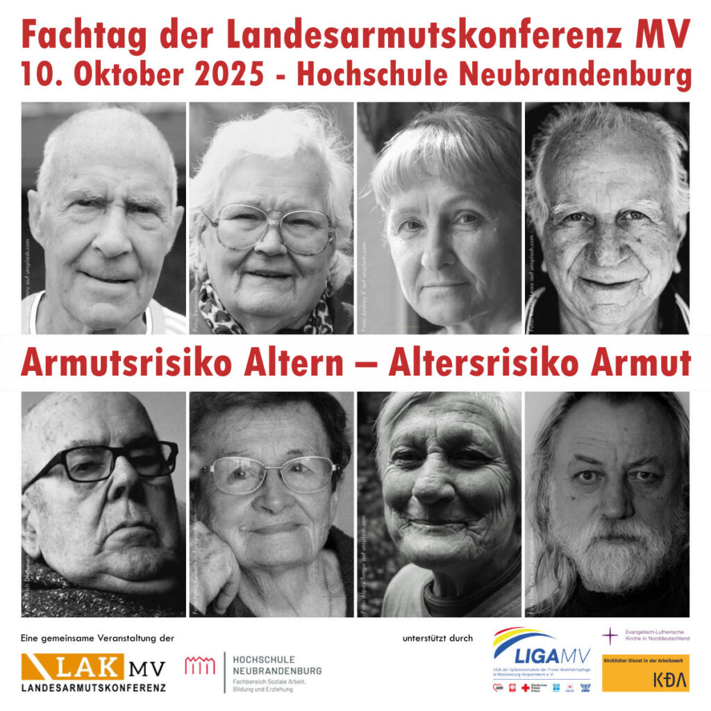 Fachtag Landesarmutskonferenz MV 2025 Poster mit älteren Personen und Thema Altersarmut. Veranstaltung am 10. Oktober.